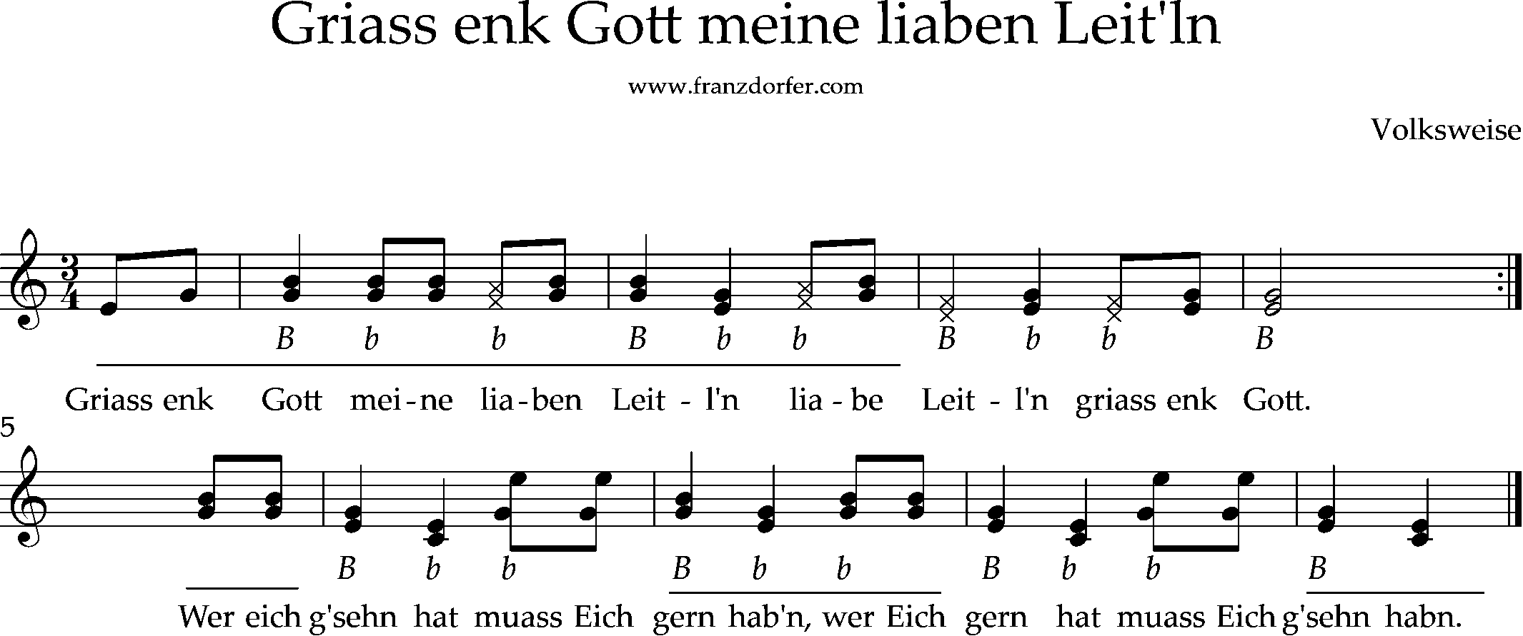 Ziachnoten, griffschrift für Steirische harmonika, griass Euch Gott ihr lieben leitln